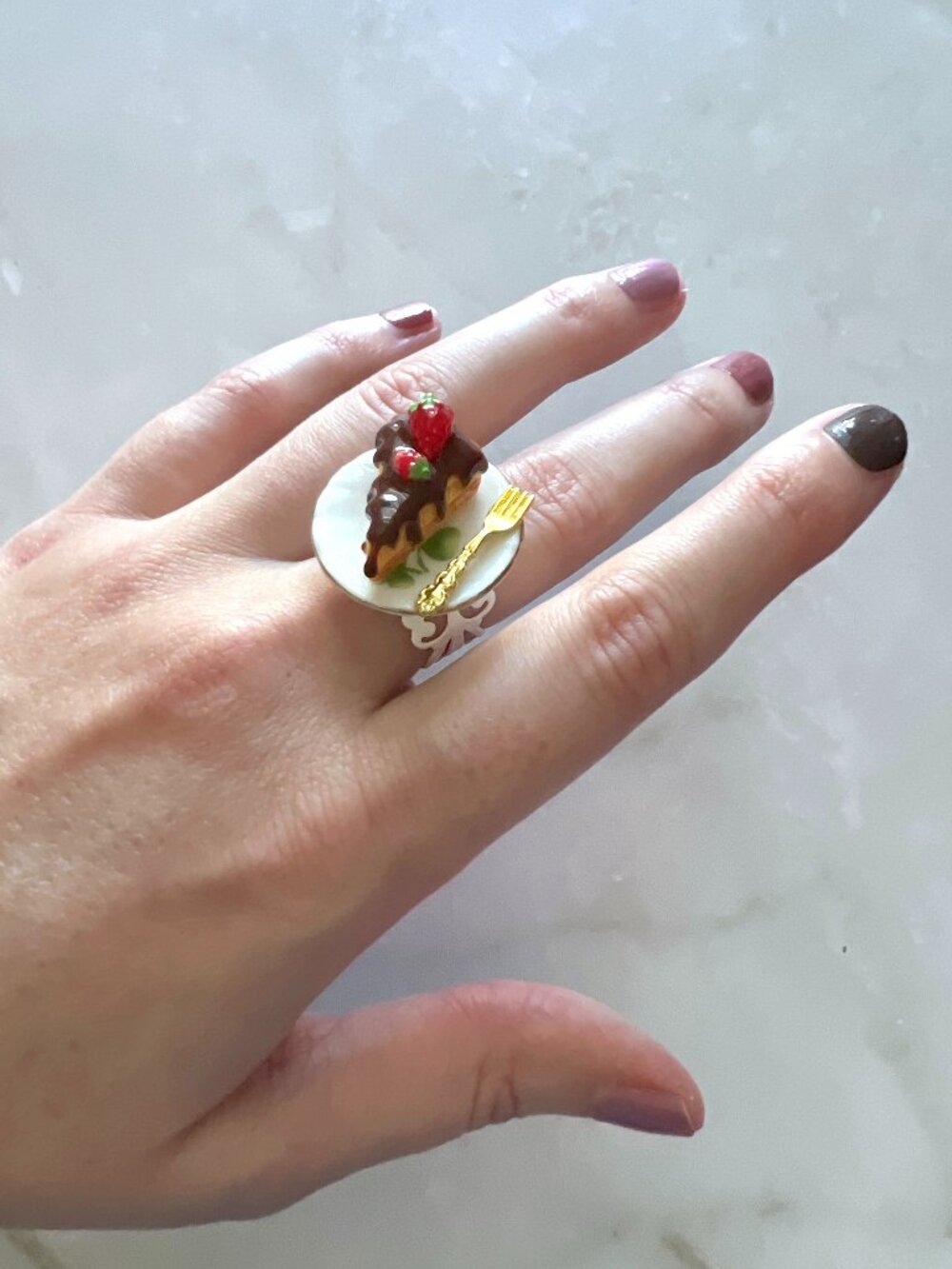 Chocolate Dreams Teacup Ring | Ceramic Plate | Miniature Food Jewelry
